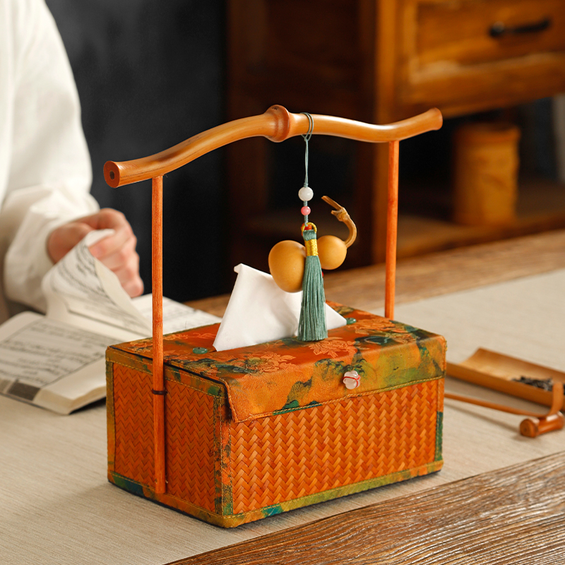 新中式复古竹编锦缎纸巾盒筇竹手提抽纸盒客厅家用茶台桌面收纳盒,收纳整理,纸巾盒,淘宝优惠券,粉丝福利购,淘宝优惠卷