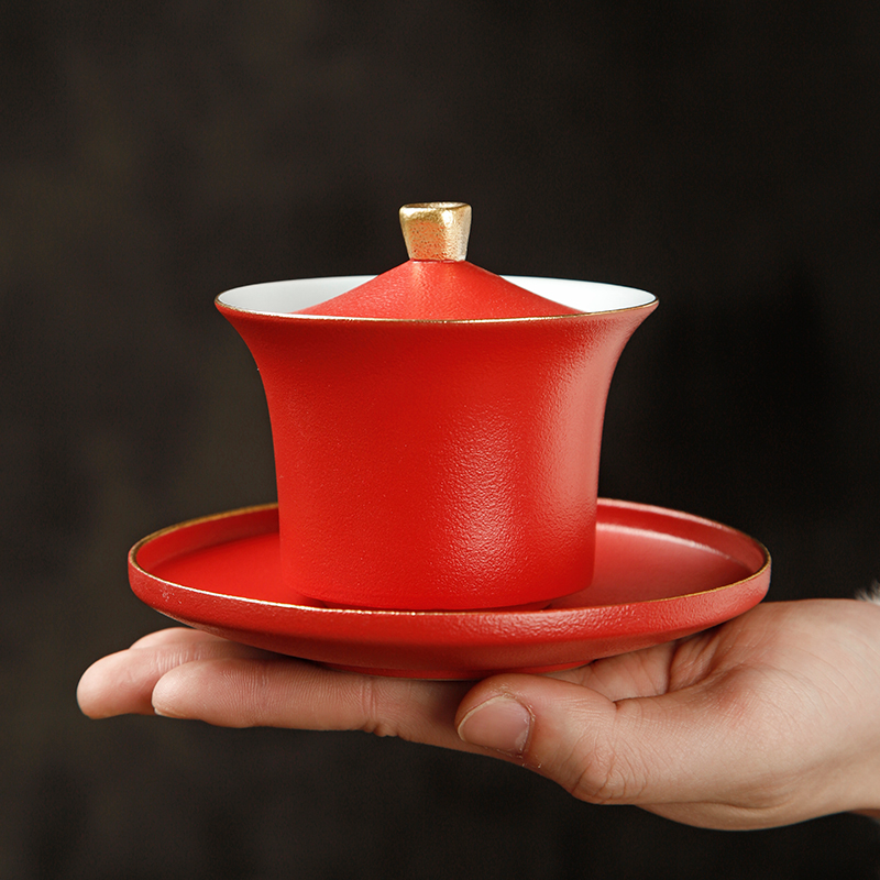 高档描金泡茶碗陶瓷三才盖碗