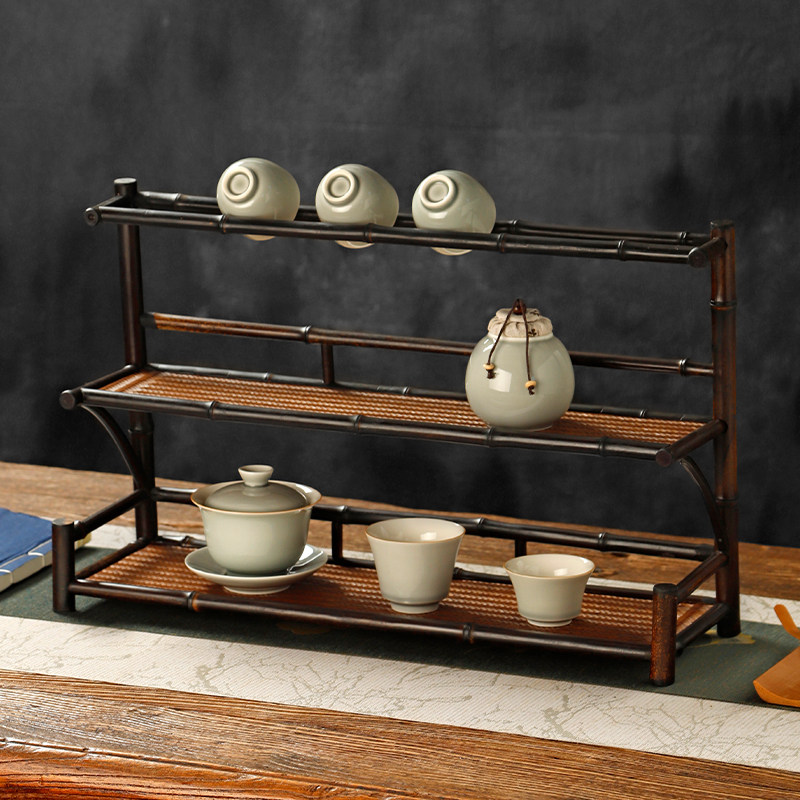 紫竹茶杯架中式复古 茶具收纳架家用晾杯架 竹制茶壶展示架博古架