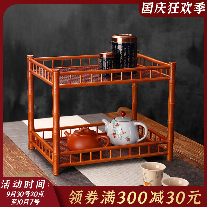双层紫竹茶棚茶h具收纳架子 竹制茶杯架博古架 茶柜日式置物柜花
