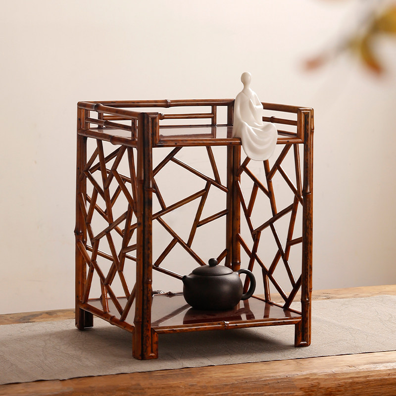 梅鹿竹窗格茶棚柜博古架摆件置物架双层收纳架桌面茶道茶具展示架