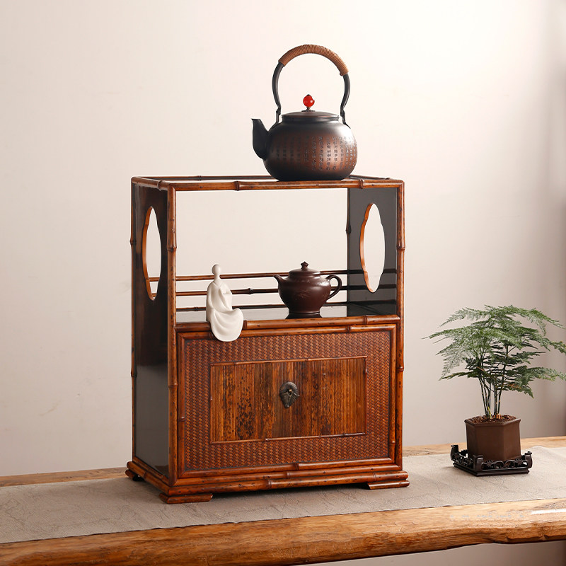 新中式竹茶柜仿古大漆茶棚茶具收纳柜子竹制展示架紫竹博古架禅意
