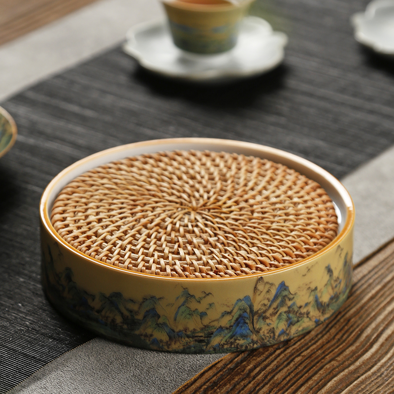 千里江山陶瓷杯垫藤编底座壶承