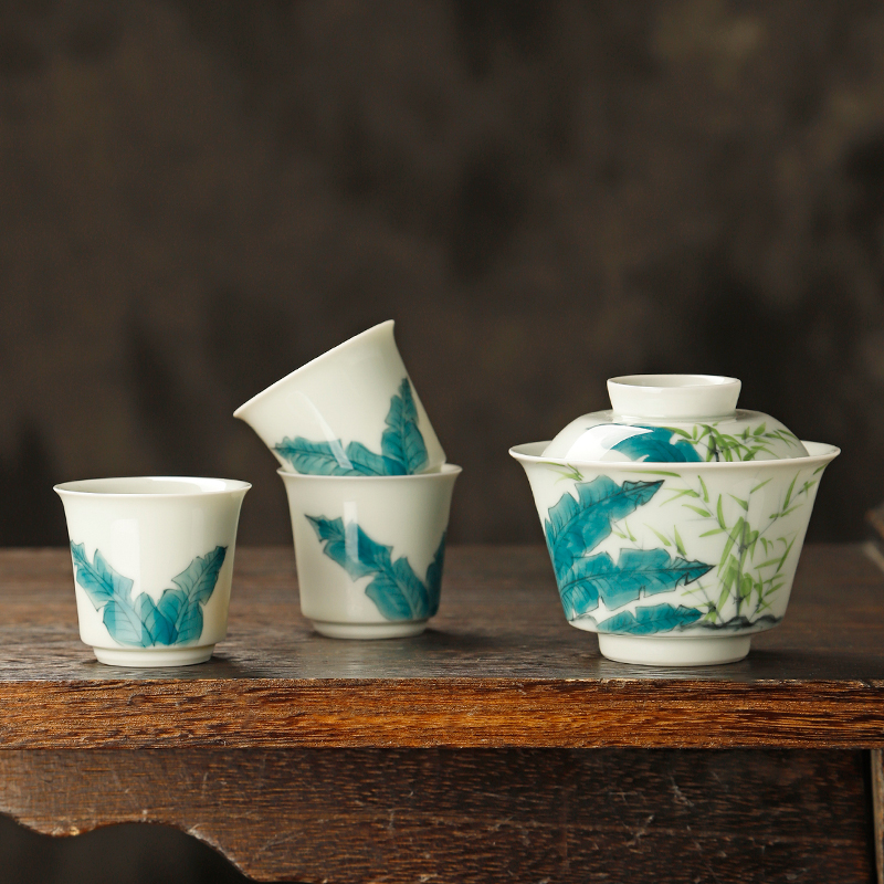 陶瓷手绘二才盖碗茶具套装