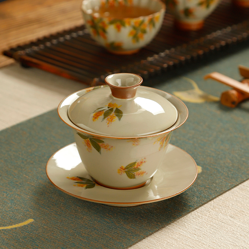 草木灰陶瓷手绘桂花三才盖碗泡茶