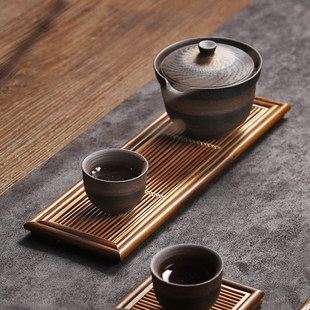 茶杯架茶托功夫茶具 竹制长方形干泡台茶盘 茶道托盘收纳竹排家用