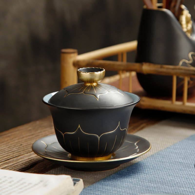 描金单个大号主人套装家用盖碗