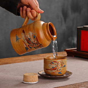 敦煌飞天复古焖茶壶小暖壶陶瓷内胆家用凉水壶花茶壶带盖茶杯水杯
