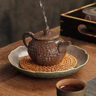 复古藤编干泡台养紫砂壶茶壶 粗陶鎏金莲花壶承 大号丝瓜络壶托