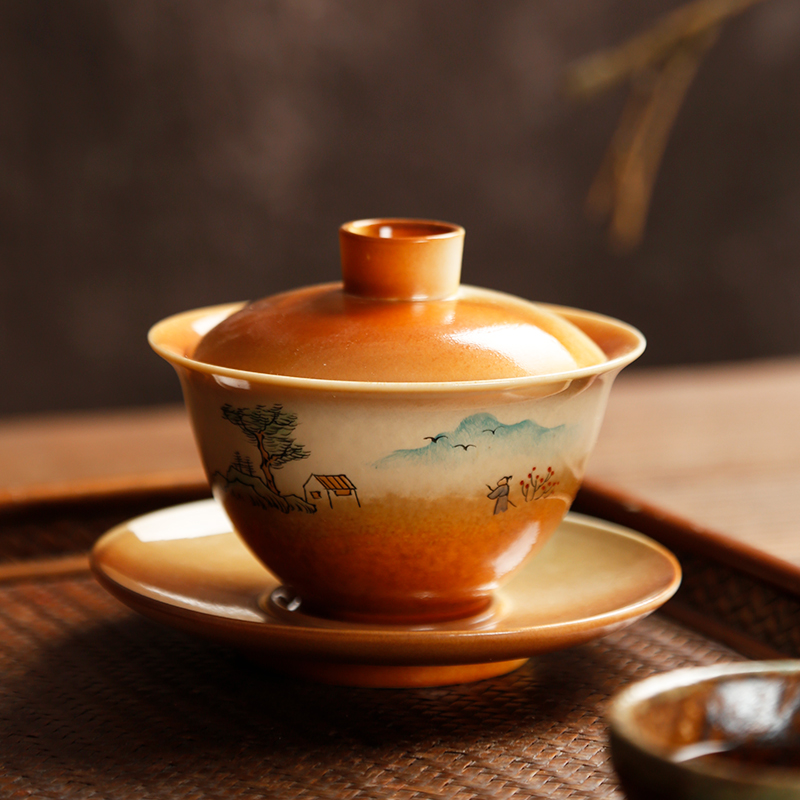 手绘柴烧大号家用功夫茶具盖碗