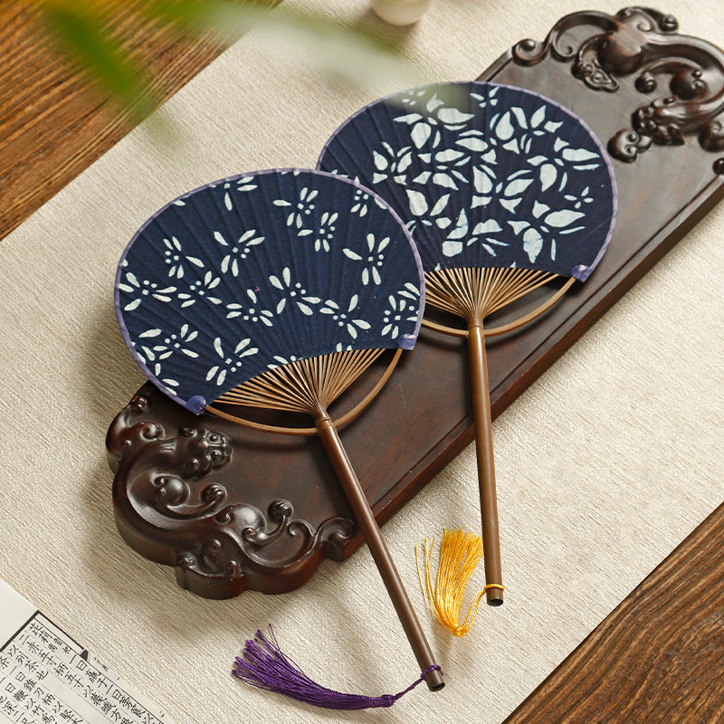 日式青花布手工竹制团扇复古中国风舞蹈扇芭蕉扇夏季圆扇蒲扇宫扇