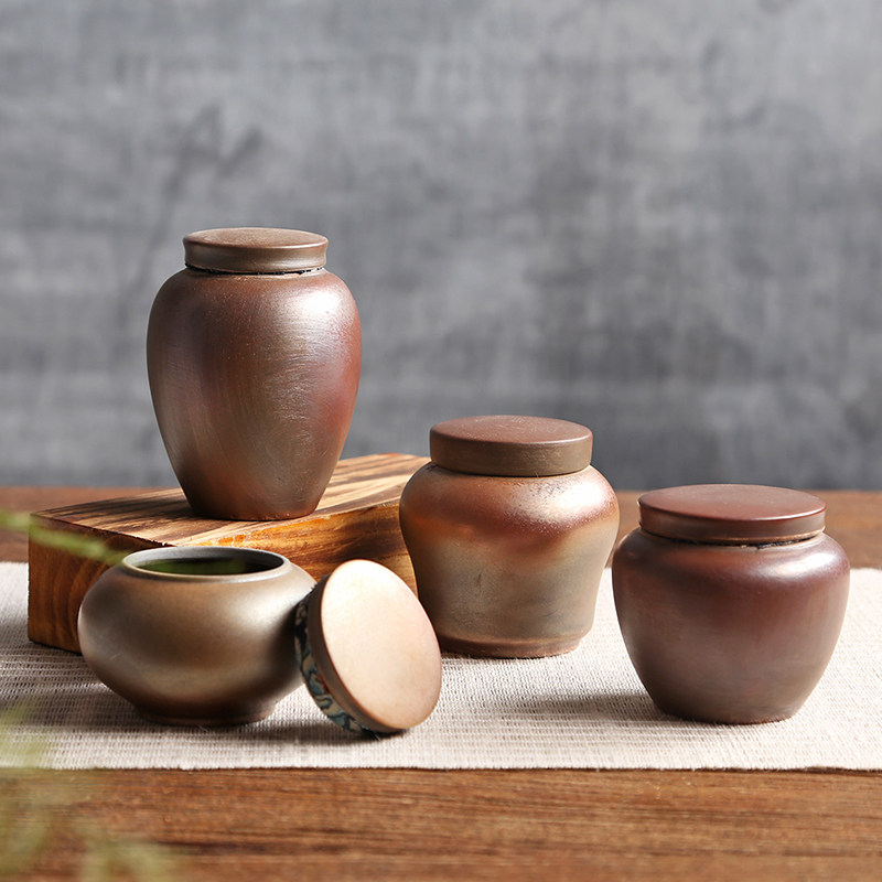 柴烧粗陶茶叶罐 陶瓷密封存储茶叶盒红花普洱醒茶桶 收纳小号包装