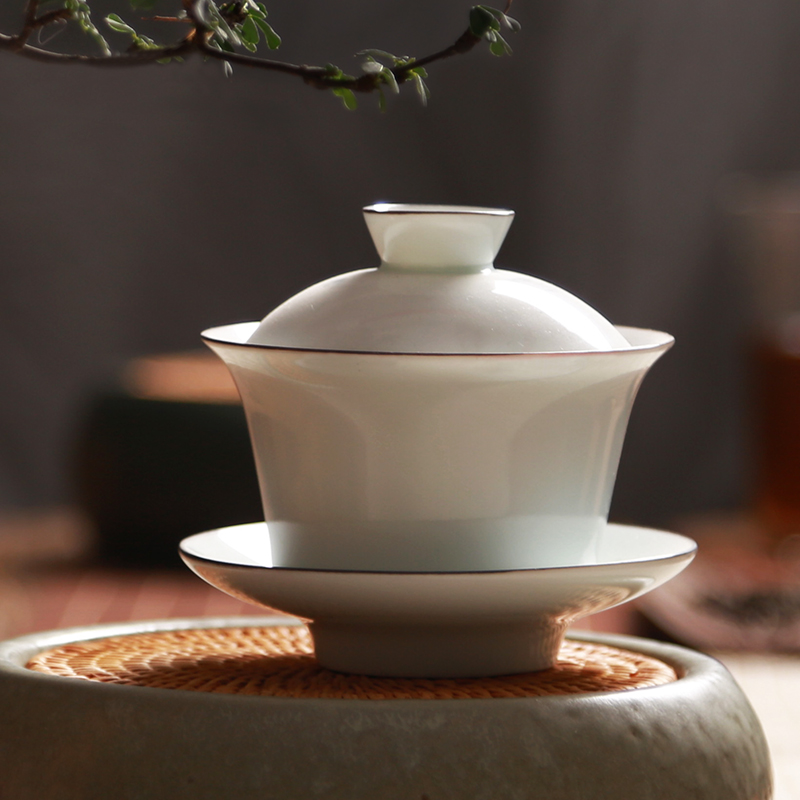 陶瓷三才盖碗脂白功夫茶具景德镇