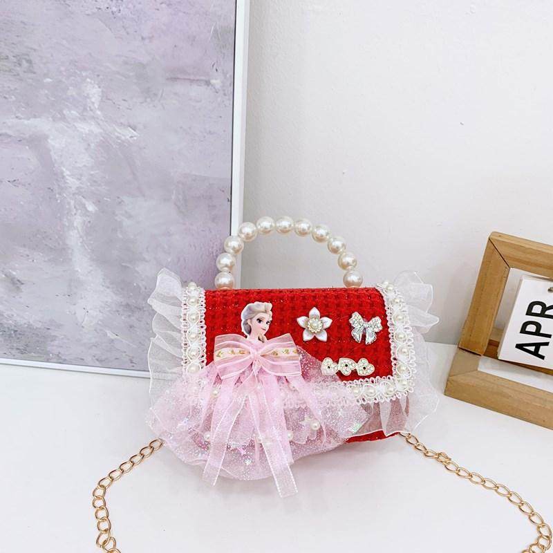儿童包包女童斜挎包卡通时尚艾莎公主洋气女孩蝴蝶结手提包珍珠包