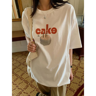 复古宽松大版 上衣T2024春夏新品 T恤女美式 三木社蛋糕印花圆领短袖
