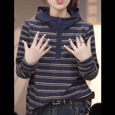 条纹双面德绒连帽长袖卫衣女休闲叠穿打底衫上衣2025秋冬新款T恤