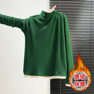 打底衫 秋冬季 高领假两件设计感德绒长袖 上衣撞色女装 遮肉显瘦 新款