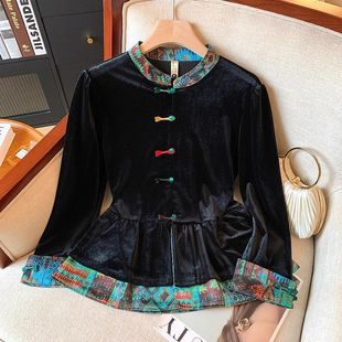 春秋新款时尚高级通勤丝绒衬衫上衣新中式国风立领盘扣长袖开衫女