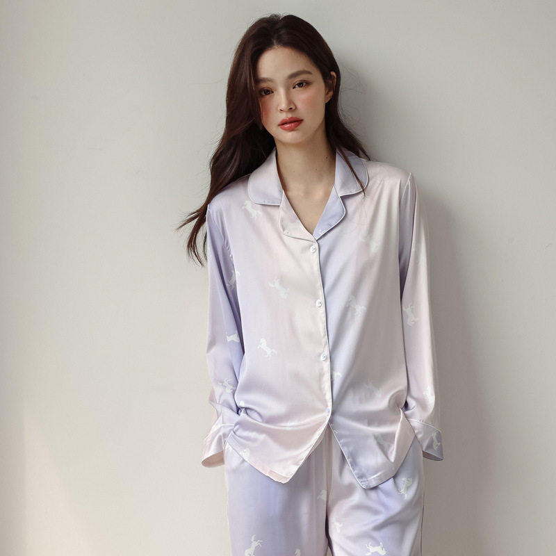 新款独角兽睡衣女春秋季冰丝长袖薄款甜美晕染渐变卡通家居服套装