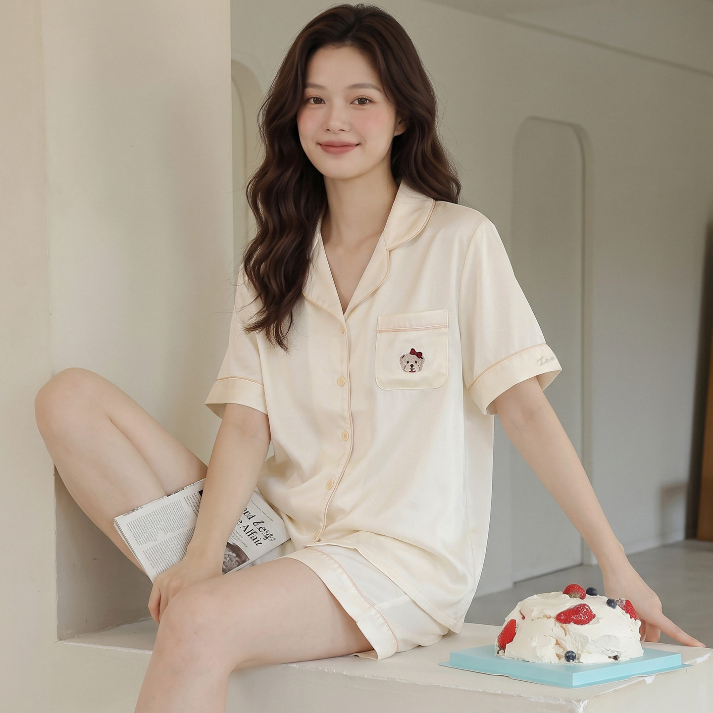 ins 简约纯色冰丝睡衣女夏薄款短袖两件套小狗刺绣可外穿睡衣套装