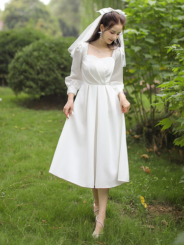 长袖法式轻婚纱礼服订婚连衣裙