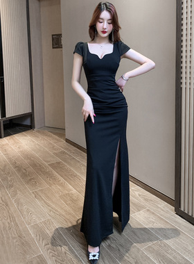 黑色夜总店气质连衣裙长款显瘦开叉夜场高级感足疗鱼尾裙晚礼服女