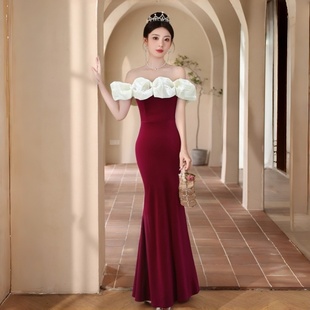 敬酒服一字肩酒红色婚礼气质新娘鱼尾晨袍主持人金丝绒晚礼服长裙