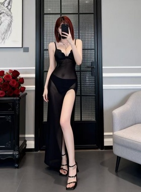 黑色透视夜总店性感吊带连衣裙御姐收腰显瘦高级女士鱼尾裙工作服