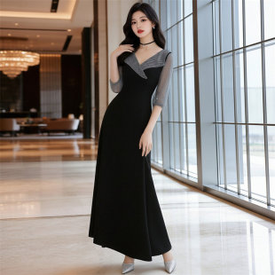 新款黑色深V领长袖晚礼服女高端大气名媛宴会气质显瘦长裙小个子