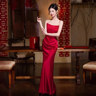 敬酒服晨袍红色抹胸高级感订婚宴会轻奢长款鱼尾晚礼服回门连衣裙