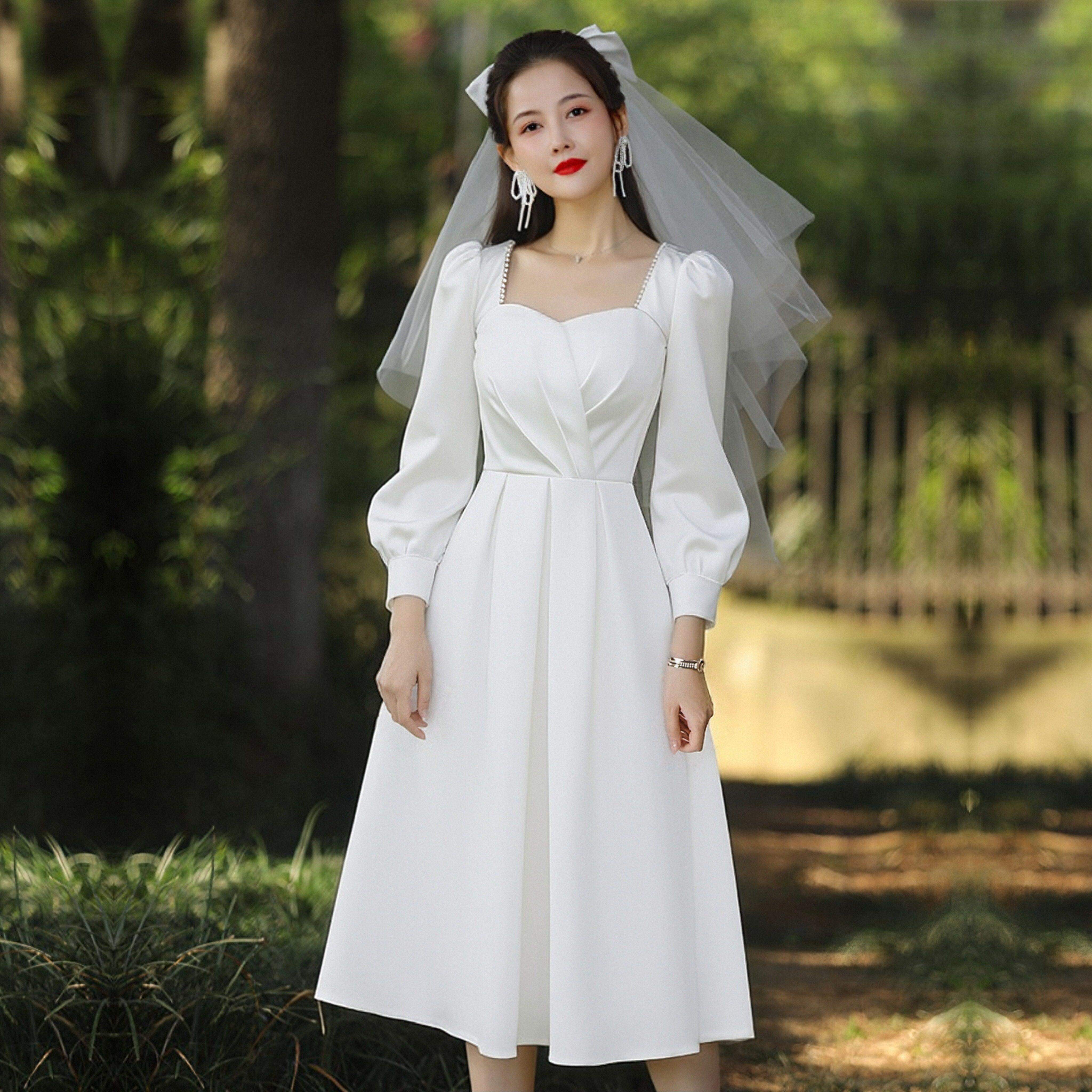 白色领证登记方领小礼服法式长袖轻婚纱订婚日常可穿小个子连衣裙,女装/女士精品,礼服/晚装,淘宝优惠券,粉丝福利购,淘宝优惠卷