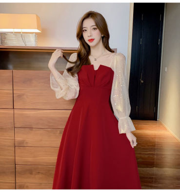酒红色新娘敬酒服收腰修身