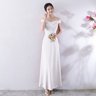 晚礼服宴会一字肩伴娘服白色派对婚礼订婚气质优雅简约长款连衣裙