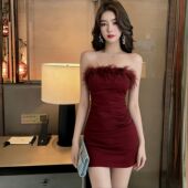 无袖 毛毛拼接抹胸连衣裙女气质名媛性感修身 晚礼服裙潮日常可穿女