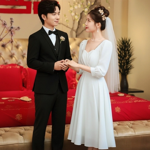 法式 白色方领领证登记小白裙小礼服女平时可穿新娘订婚小个子便装