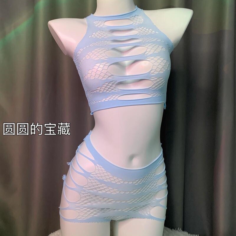 in secret私密屋||ins高级雾霾蓝网衣家居服高腰挂脖可撕睡衣