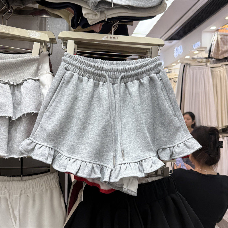 灰色高腰蕾丝边阔腿短裤女夏季新款休闲慵懒风宽松百搭外穿三分裤