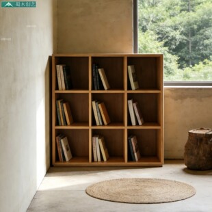 蜀木创艺实木书架九格收纳架多层储物置物架简约靠墙书柜收纳柜
