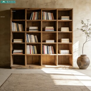 蜀木创艺实木多格书架置物架收纳柜格子架子储物架中古风靠墙书架