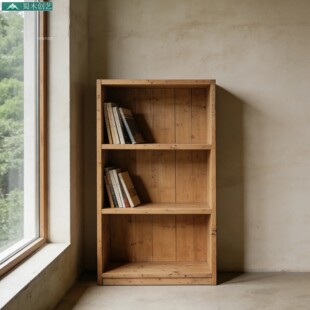 蜀木创艺复古实木书架落地式收纳储物柜家用靠墙置物架格子书柜