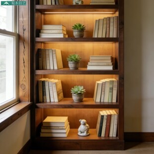 蜀木创艺实木书架落地多层带灯客厅收纳置物架储物柜落地式书架