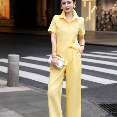 玥儿小众夏上新高端贴花绣潇洒帅气两件套套装套装Y20100