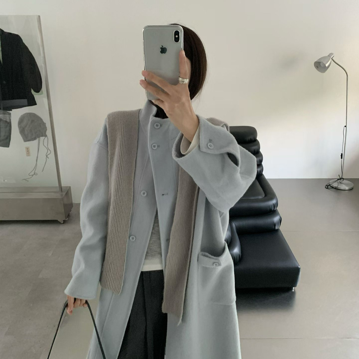 玥儿小众级感翻领长款羊毛外套(配可拆披肩)（含100澳毛）D321