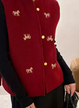 玥儿国风无袖马甲马到成功新年战袍红羊毛外套(含65绵羊毛)66650