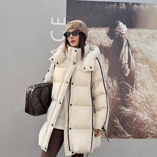 连帽撞色拼皮中长款 欧版 保暖羽绒服外套J2436 新款 玥儿2025冬季