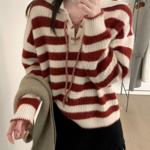 玥儿小众白条休闲条纹翻领系带交叉领套头毛衣 SYW5937 含10羊毛