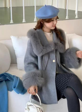 玥儿毛毛边宽松羊毛外套(配可拆卸狐狸毛袖口)(含100羊毛)B1285