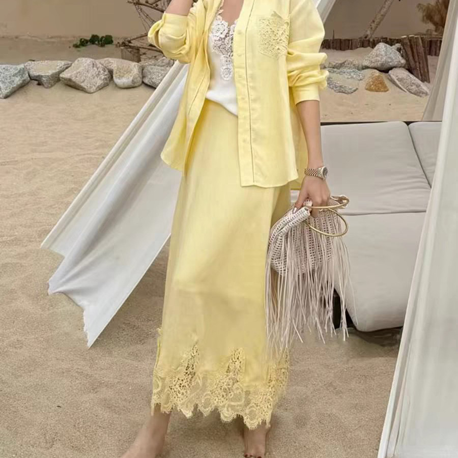 玥儿小众麻镂空花边口袋亚麻衬衫+舒适垂感半裙套装套装Y20268