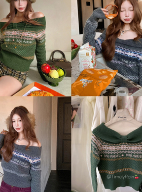 玥儿设计感一字肩蝴蝶结提花撞色保暖毛衣Q-29005