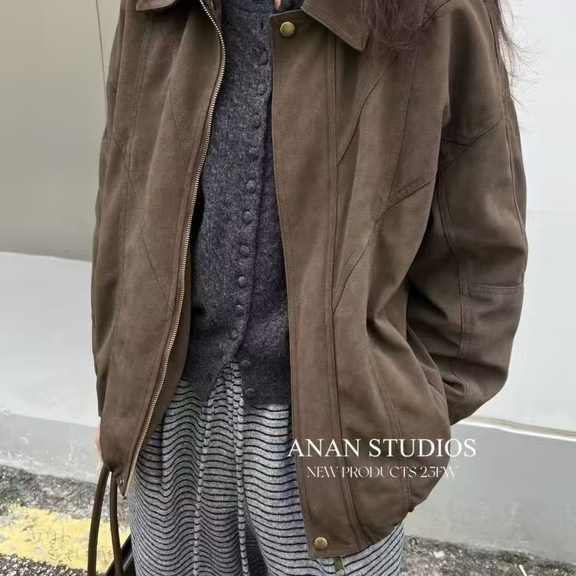 玥儿美式复古鹿皮绒鹅绒夹克外套翻领拉链宽松羽绒服56201